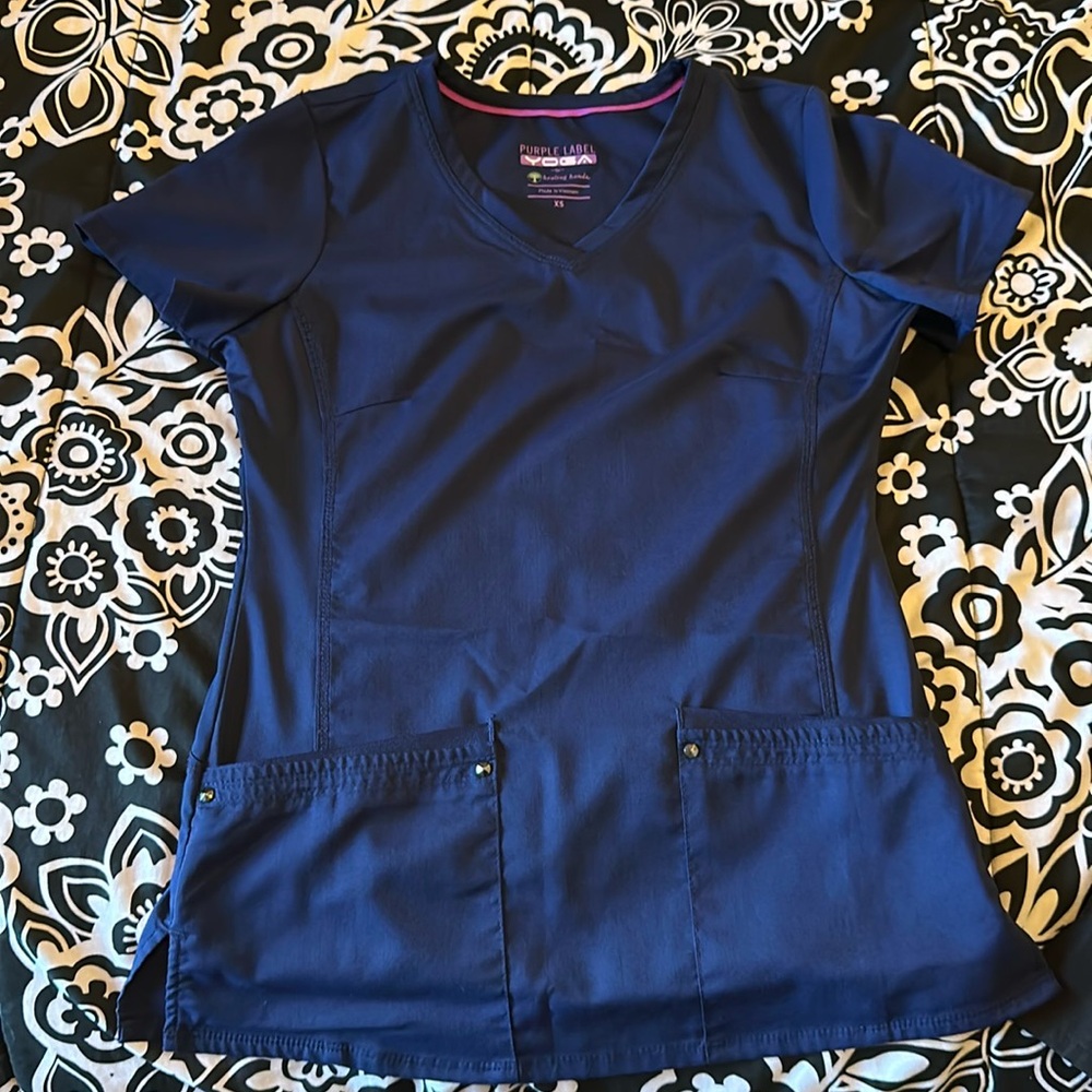 Purple label yoga, XS scrub top by healing hands. Navy free pants.